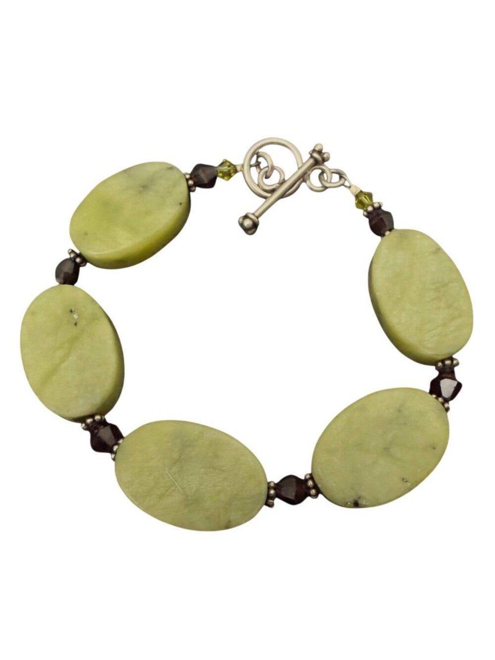 Bracelet Green Oval Stone Beaded Chunky Boho  Silver Tone 8 inches